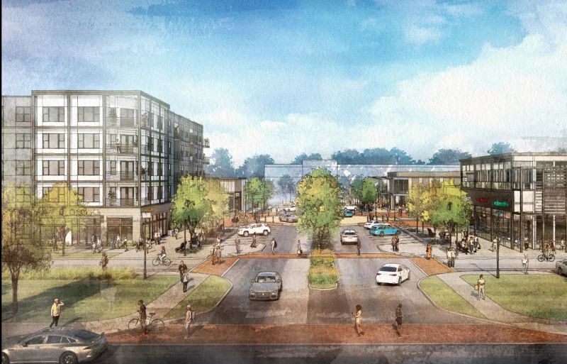Architectural rendering of a mixed-use real estate development with retail, residential, and pedestrian-friendly streetscape