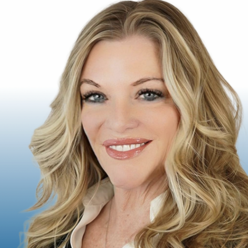 Professional headshot of Jaimine, an Equity commercial real estate team member, smiling with blonde wavy hair against a blue gradient background